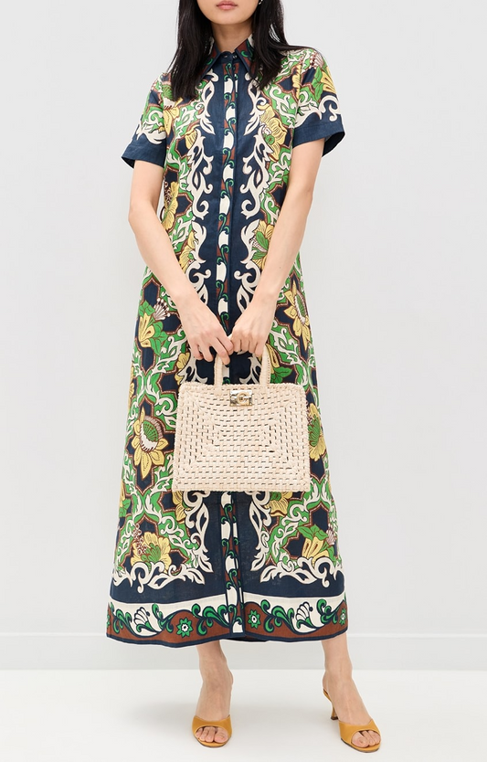 Printed linen midi shirt dress