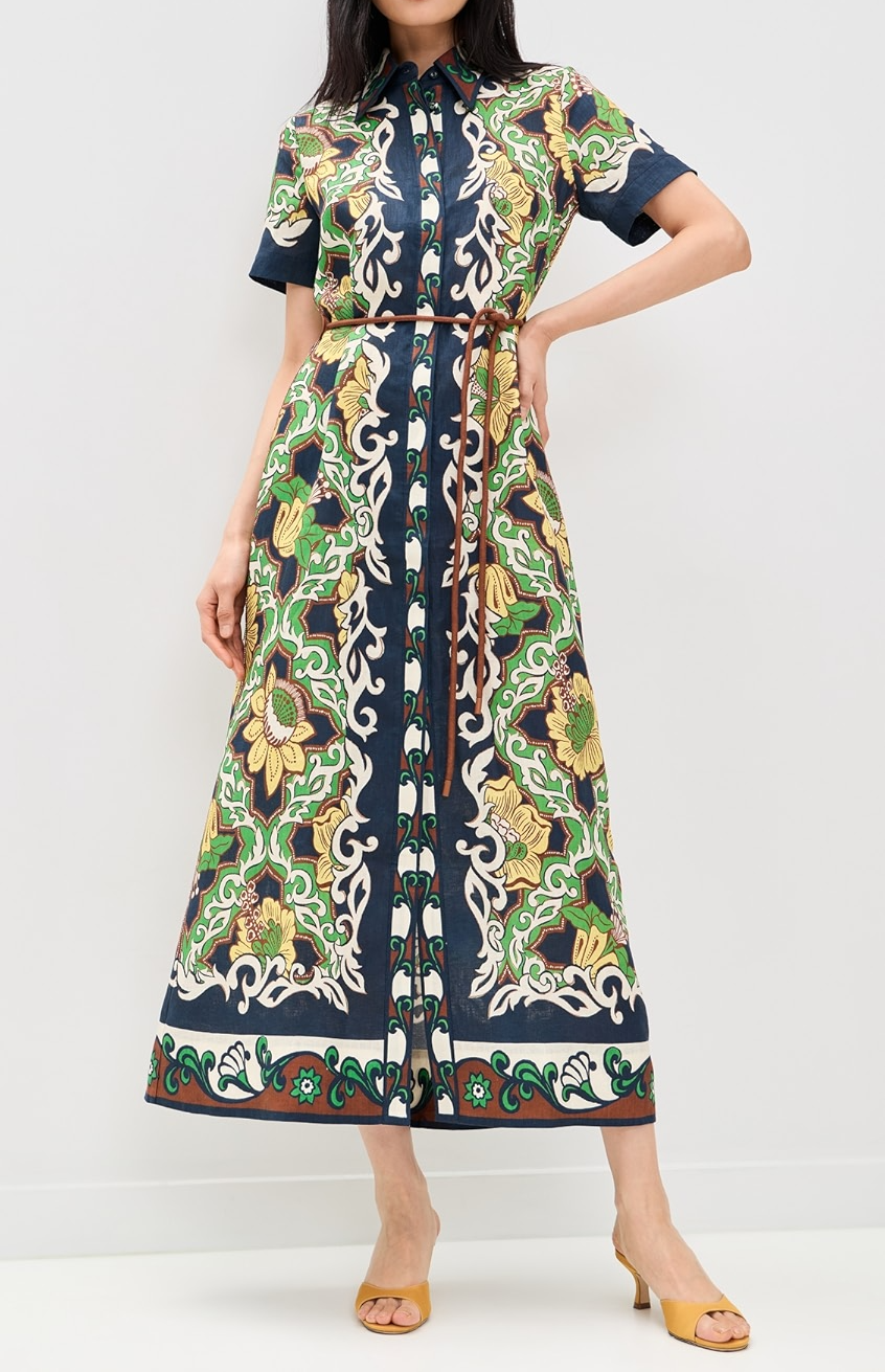 Printed linen midi shirt dress