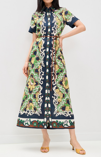 Printed linen midi shirt dress
