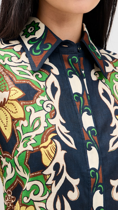 Printed linen midi shirt dress