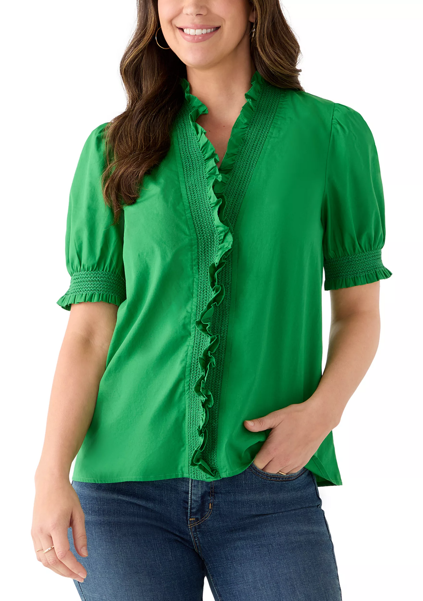 Short Sleeve Smocked Ruffle Neck Top