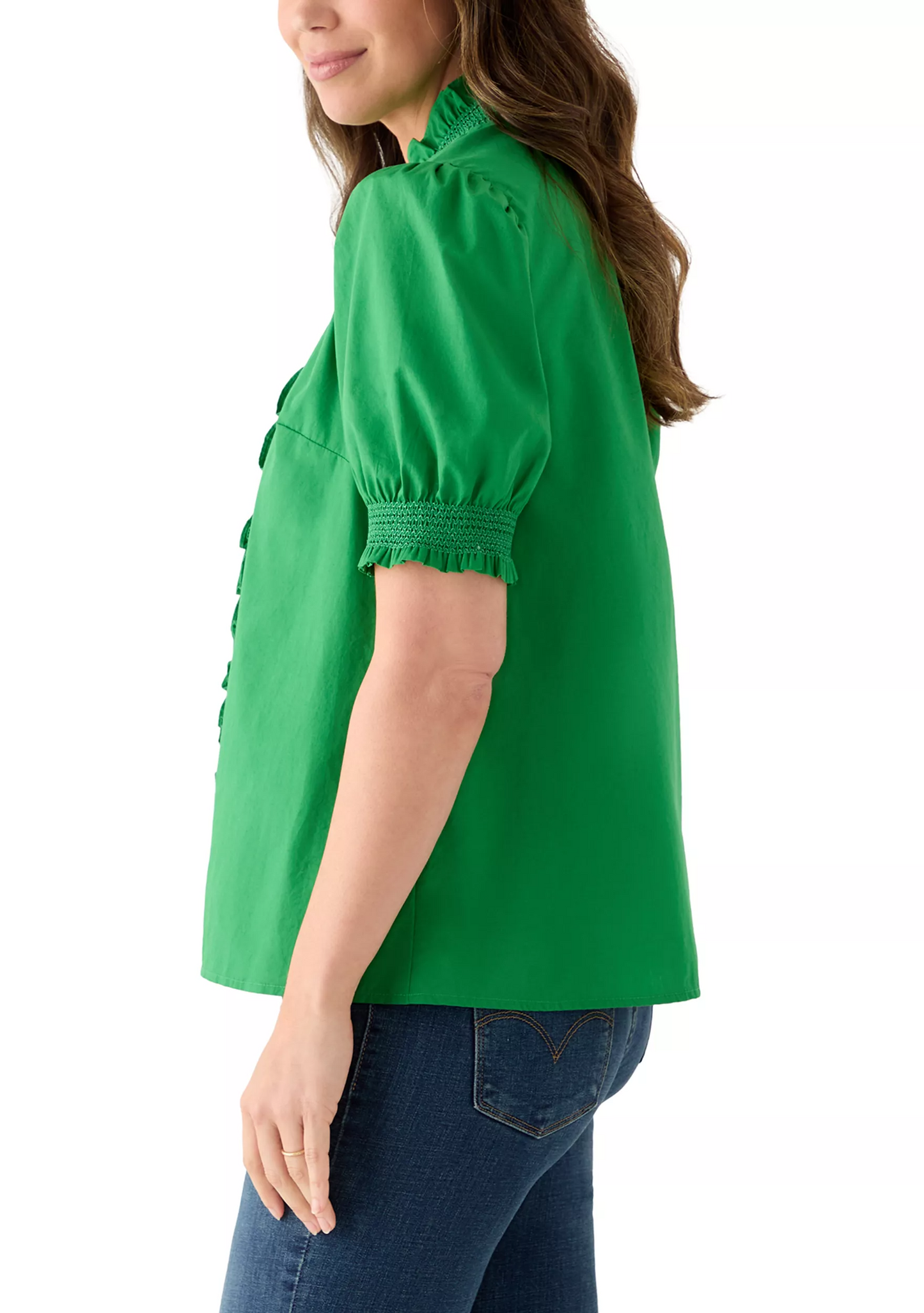Short Sleeve Smocked Ruffle Neck Top