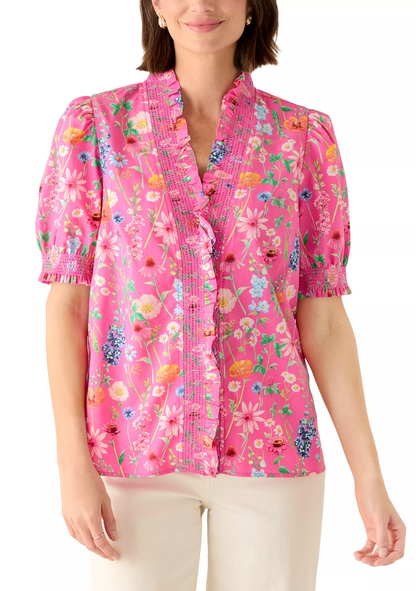 Short Sleeve Smocked Ruffle Neck Top