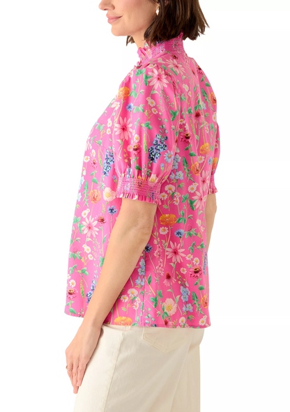 Short Sleeve Smocked Ruffle Neck Top