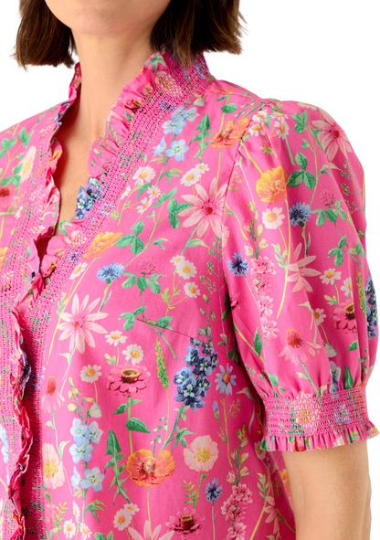 Short Sleeve Smocked Ruffle Neck Top