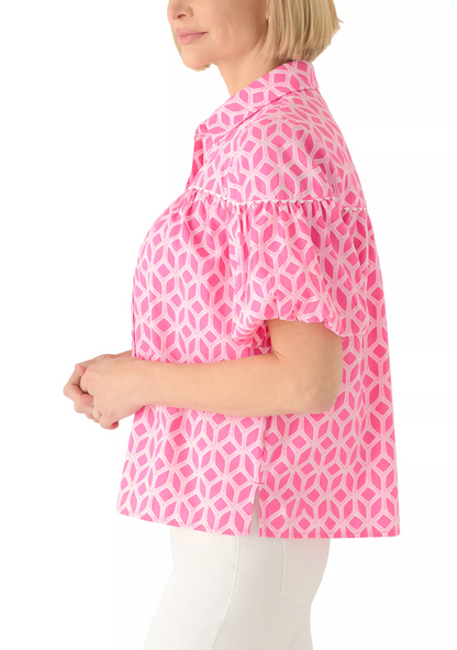 Short Sleeve Smocked Ruffle Neck Top