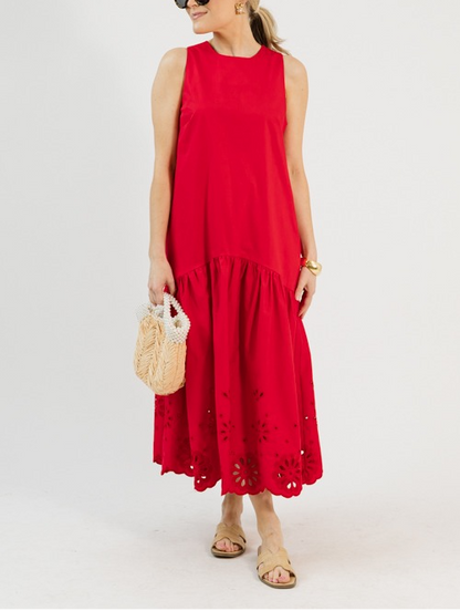 Embroidered Flowers Midi, Red