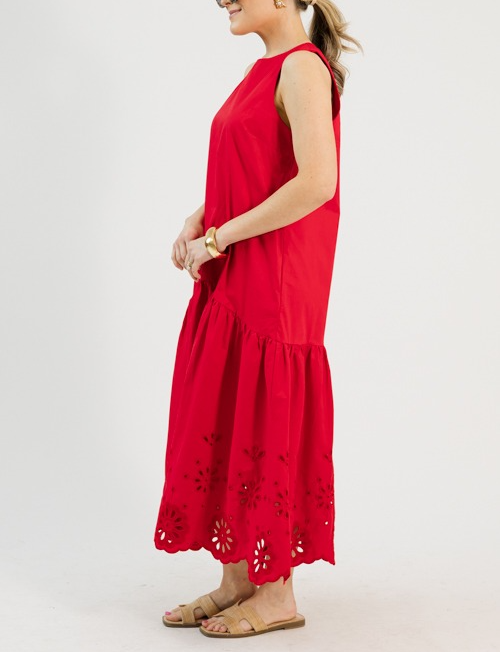 Embroidered Flowers Midi, Red