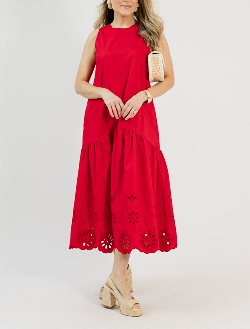 Embroidered Flowers Midi, Red