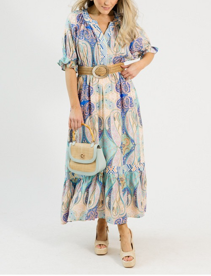 Multicolored Printed Puffed Sleeves Maxi Dress