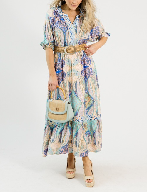 Multicolored Printed Puffed Sleeves Maxi Dress