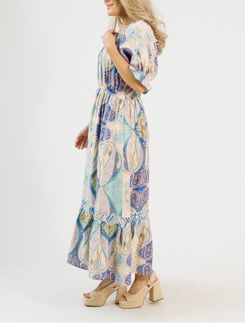Multicolored Printed Puffed Sleeves Maxi Dress