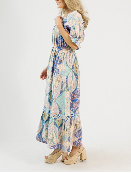 Multicolored Printed Puffed Sleeves Maxi Dress