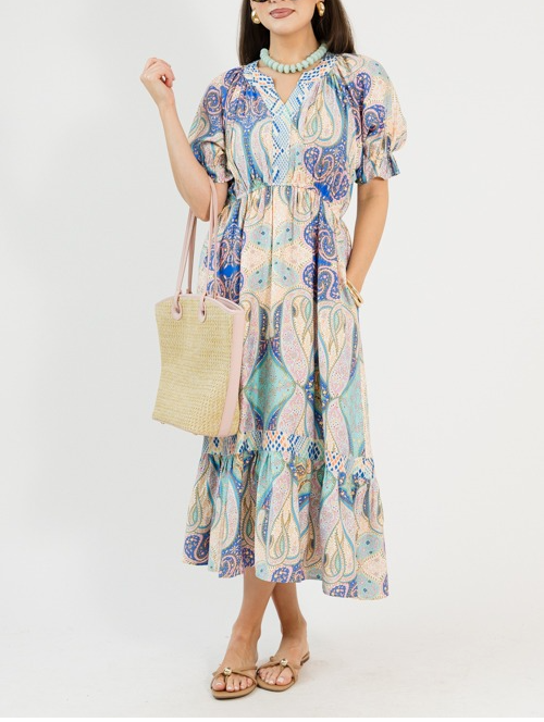 Multicolored Printed Puffed Sleeves Maxi Dress