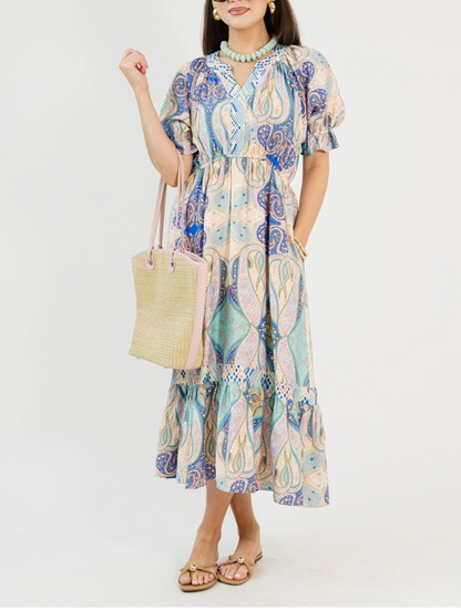 Multicolored Printed Puffed Sleeves Maxi Dress