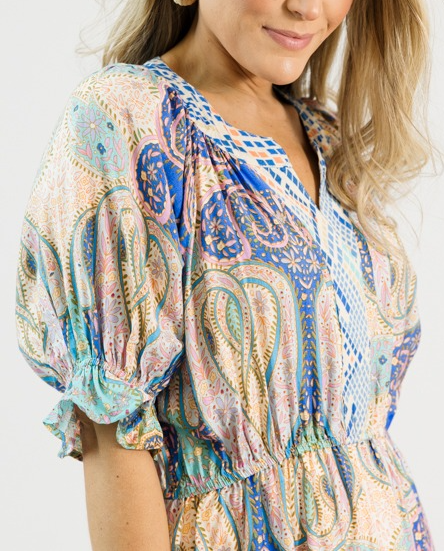 Multicolored Printed Puffed Sleeves Maxi Dress