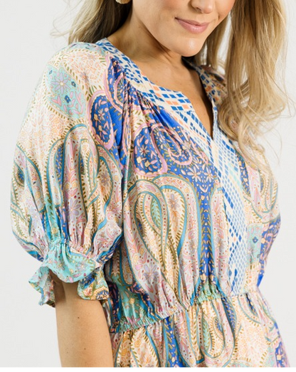 Multicolored Printed Puffed Sleeves Maxi Dress