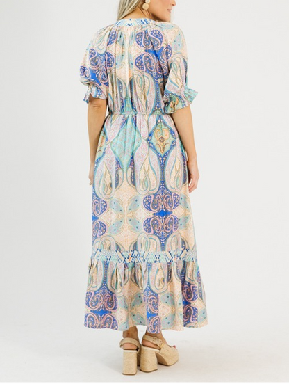Multicolored Printed Puffed Sleeves Maxi Dress