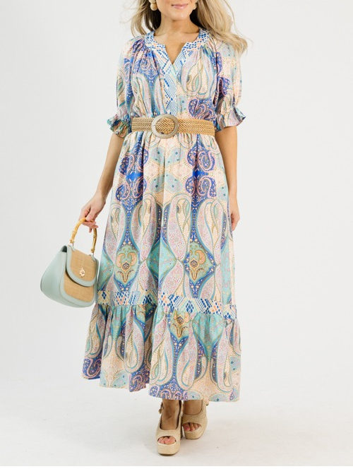 Multicolored Printed Puffed Sleeves Maxi Dress