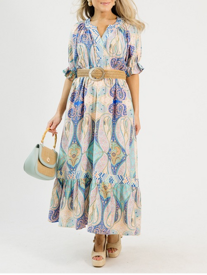 Multicolored Printed Puffed Sleeves Maxi Dress