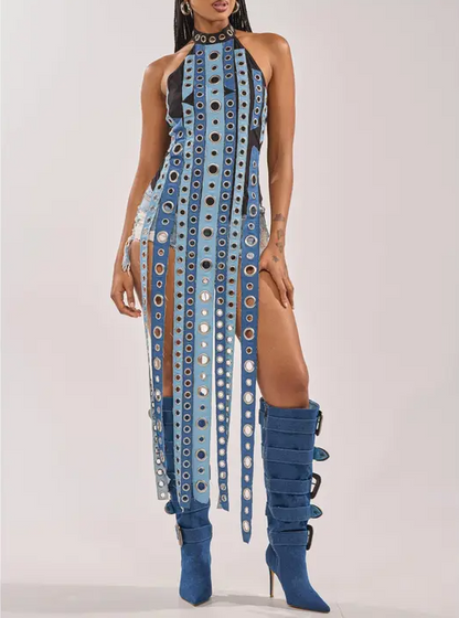 Denim Circle-Neck Fringe Top