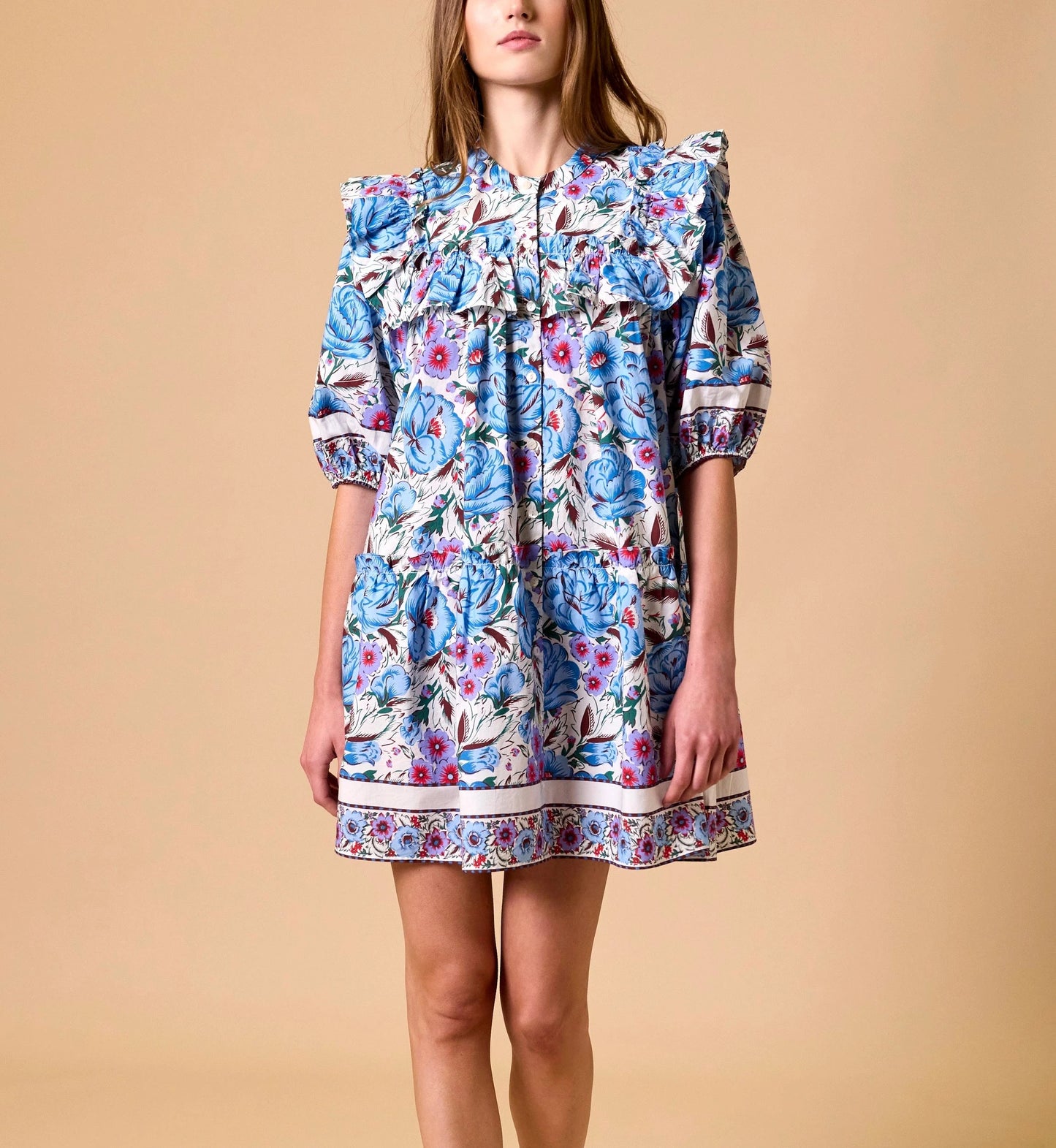 Colorful Printed Shoulder-Padded Mini Dress