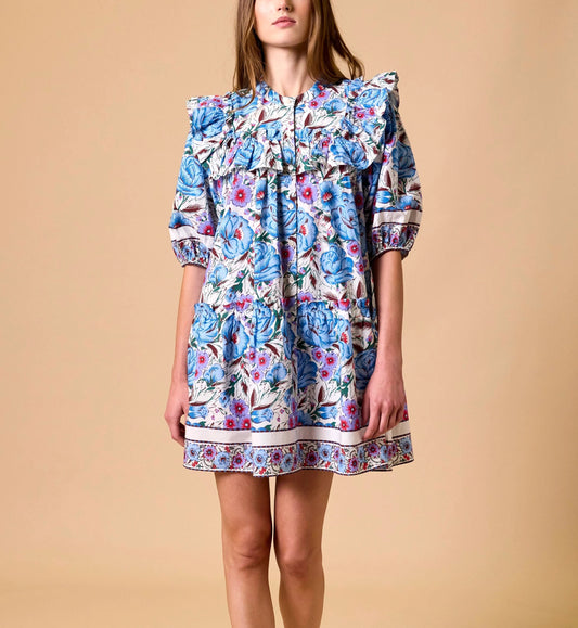 Colorful Printed Shoulder-Padded Mini Dress
