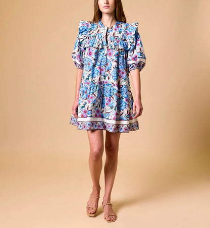Colorful Printed Shoulder-Padded Mini Dress