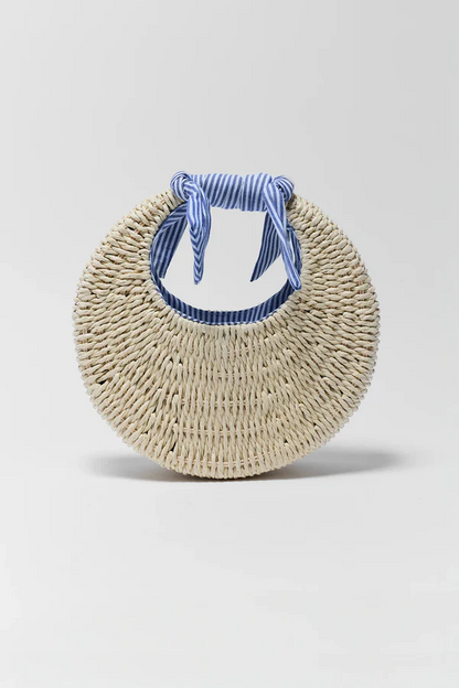 Blue Striped Trim Woven Bag