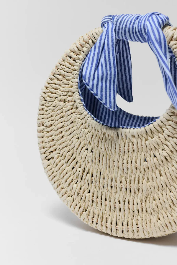 Blue Striped Trim Woven Bag