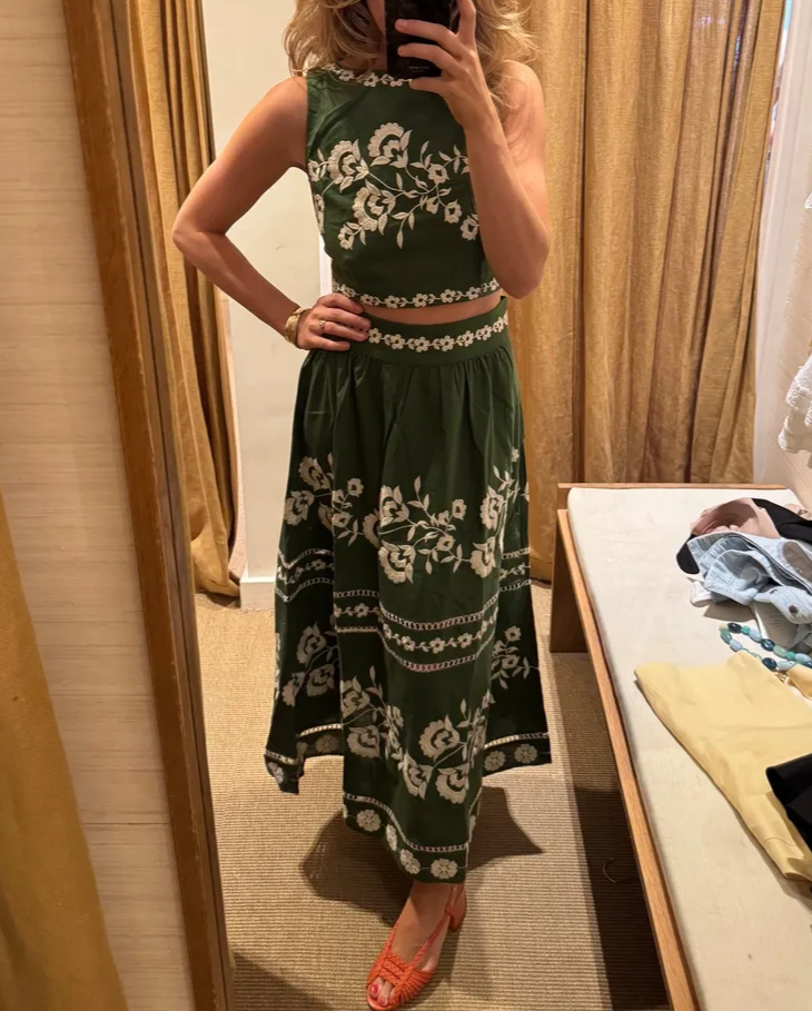 Green Embroidered Floral Set