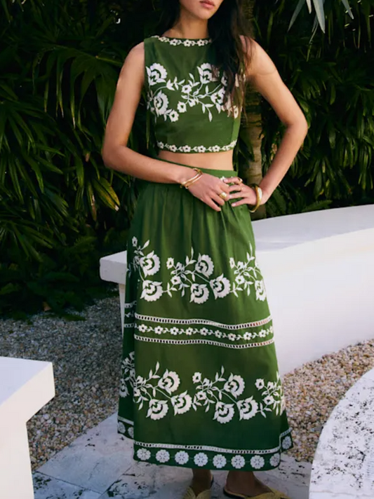 Green Embroidered Floral Set