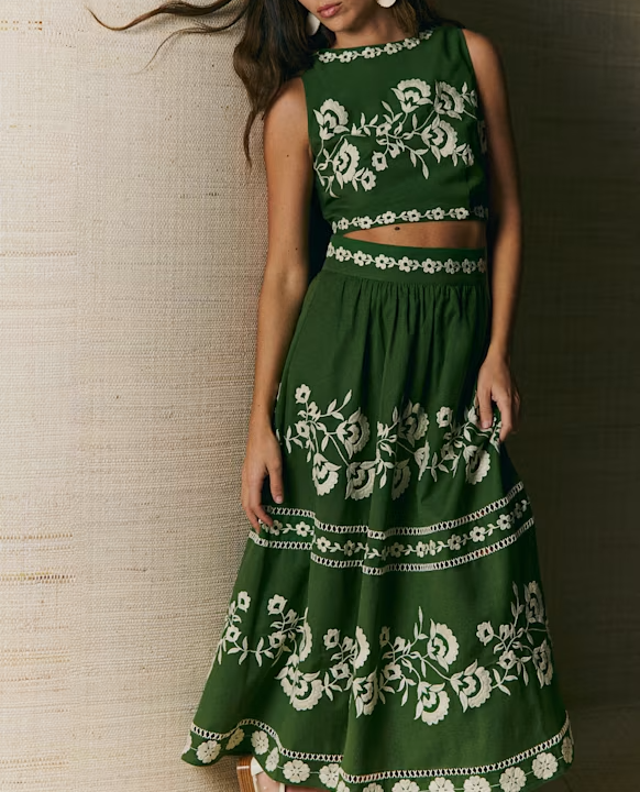 Green Embroidered Floral Set