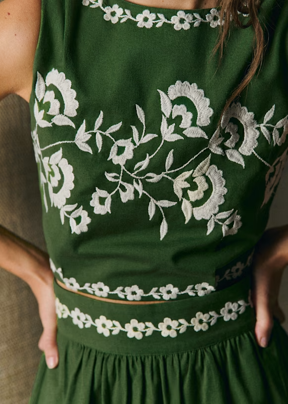 Green Embroidered Floral Set