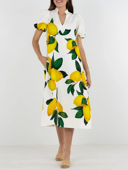 Lemon-Print Puffed-Sleeve Dress