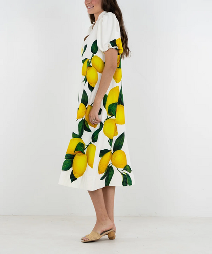 Lemon-Print Puffed-Sleeve Dress