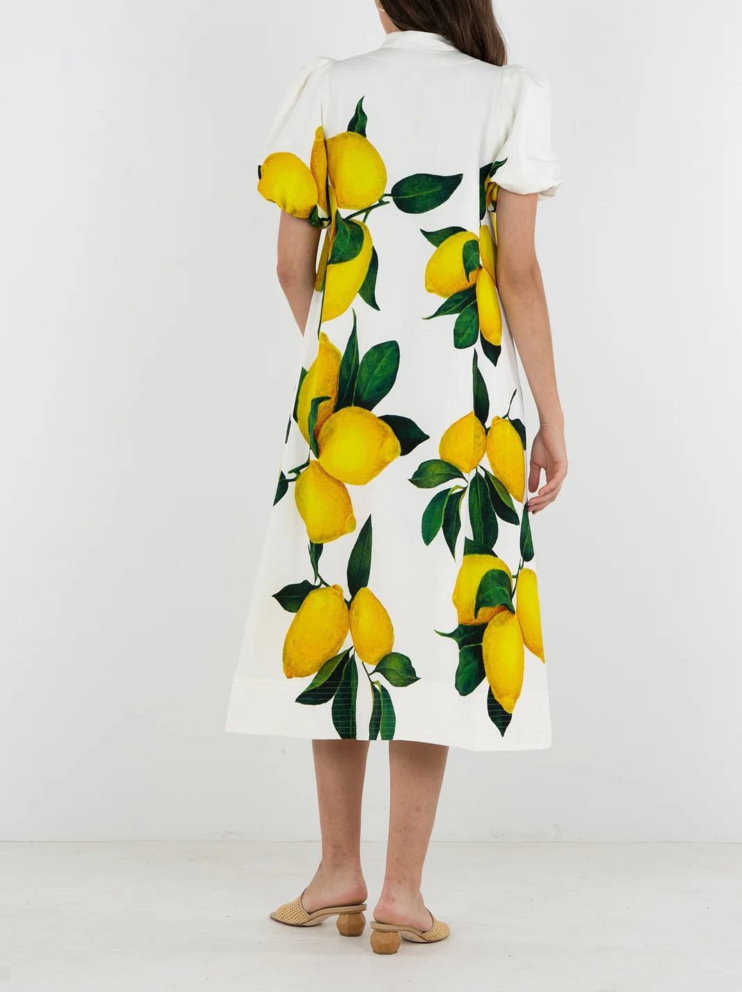 Lemon-Print Puffed-Sleeve Dress