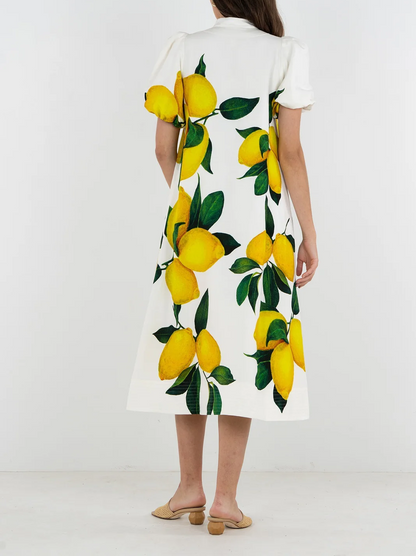 Lemon-Print Puffed-Sleeve Dress