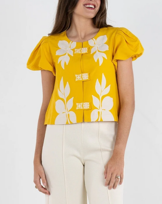 Puff-sleeve printed top