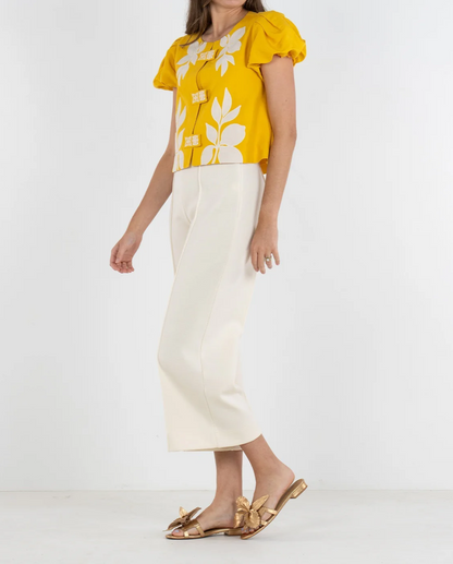 Puff-sleeve printed top
