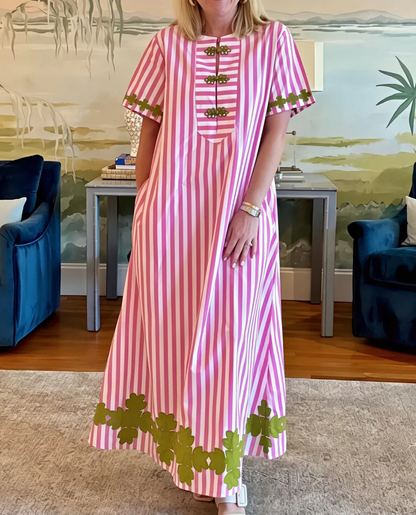 Short Sleeve Maxi Dress - Pink Stripe