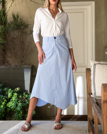 Striped Button Blouse+Asymmetrical Hem Striped Midi Skirt