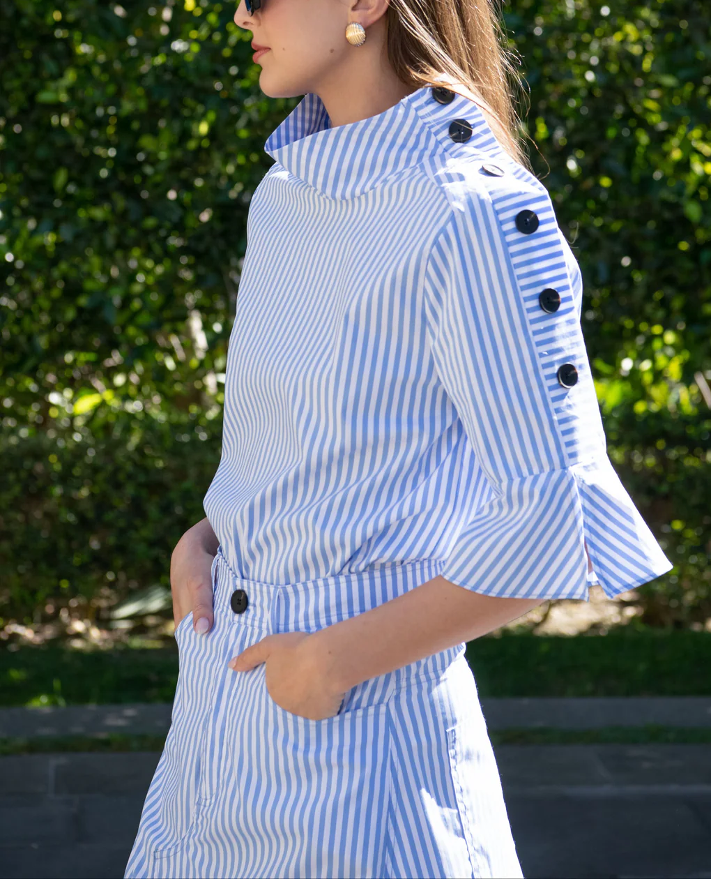 Striped Button Blouse+Asymmetrical Hem Striped Midi Skirt