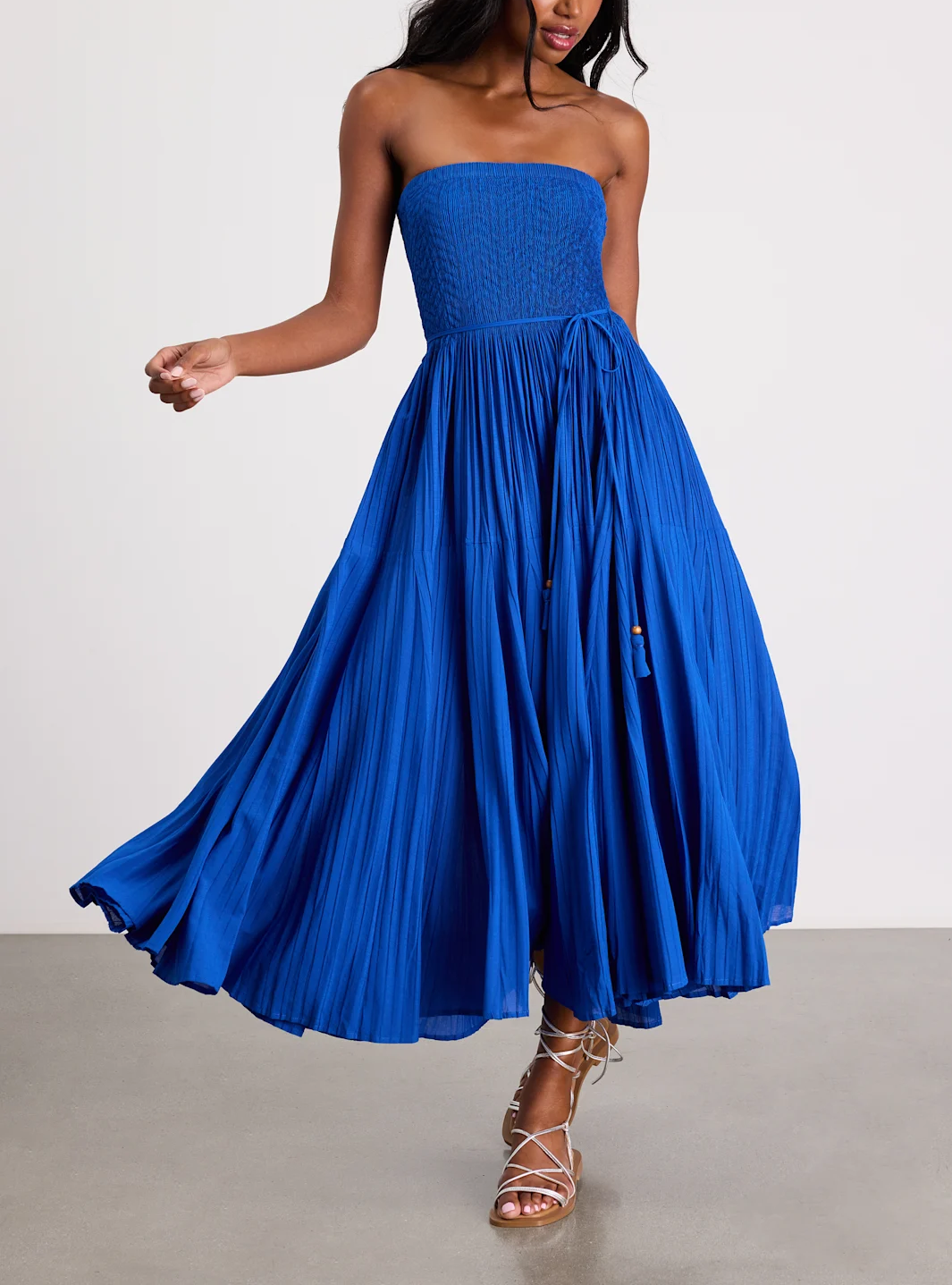 Blue Pleated Strapless Midi Dress