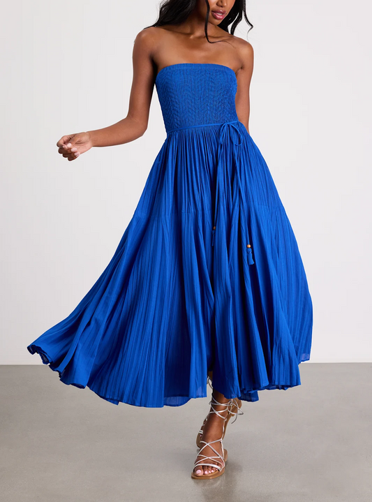 Blue Pleated Strapless Midi Dress