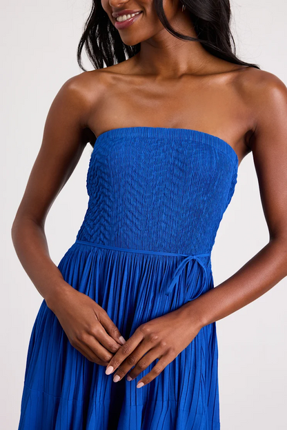 Blue Pleated Strapless Midi Dress