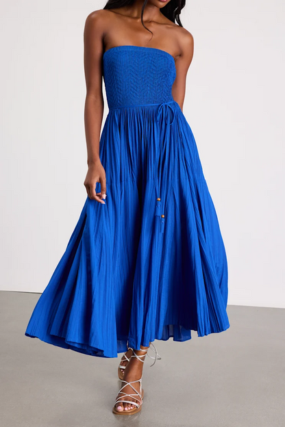 Blue Pleated Strapless Midi Dress