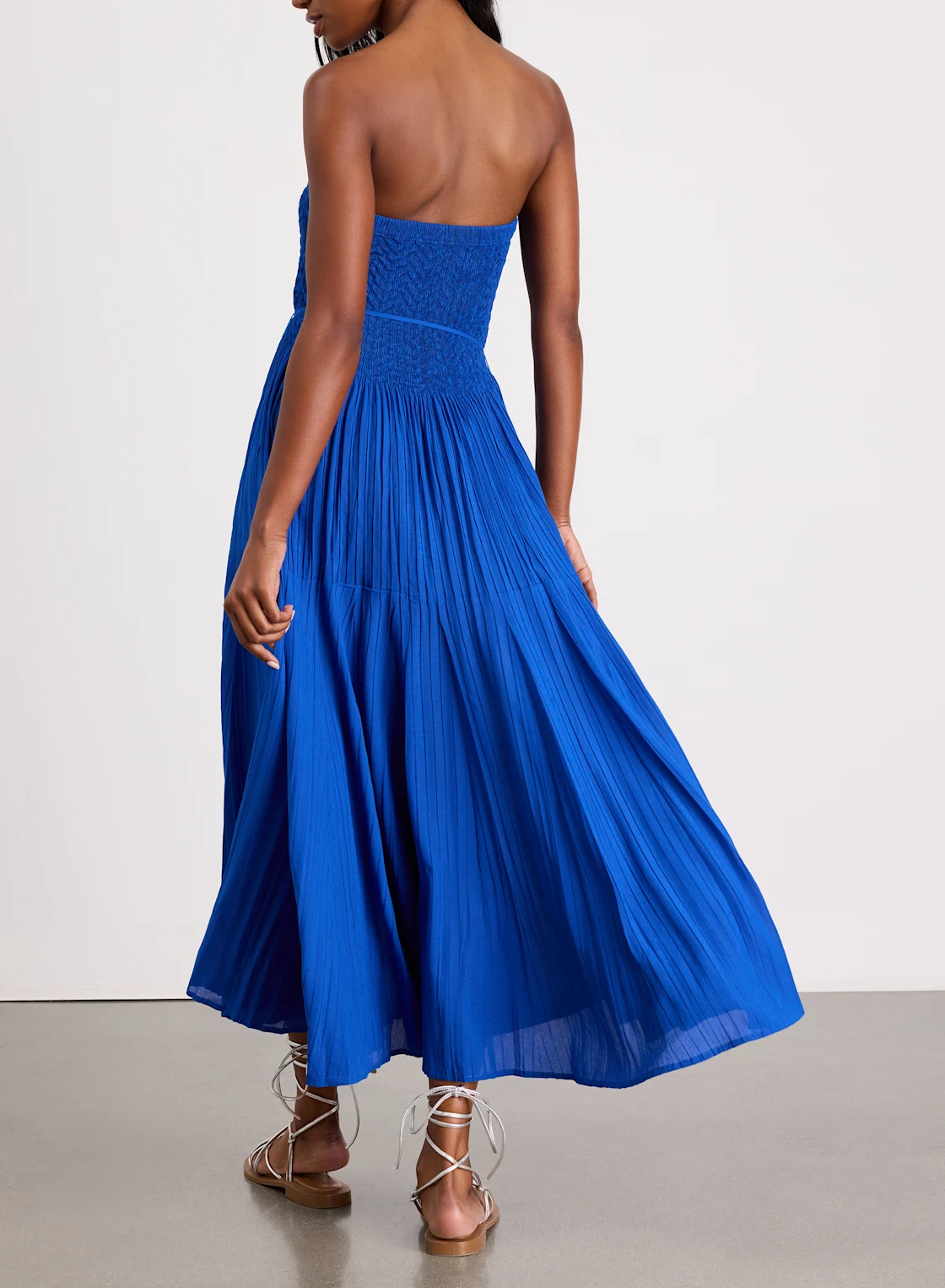 Blue Pleated Strapless Midi Dress