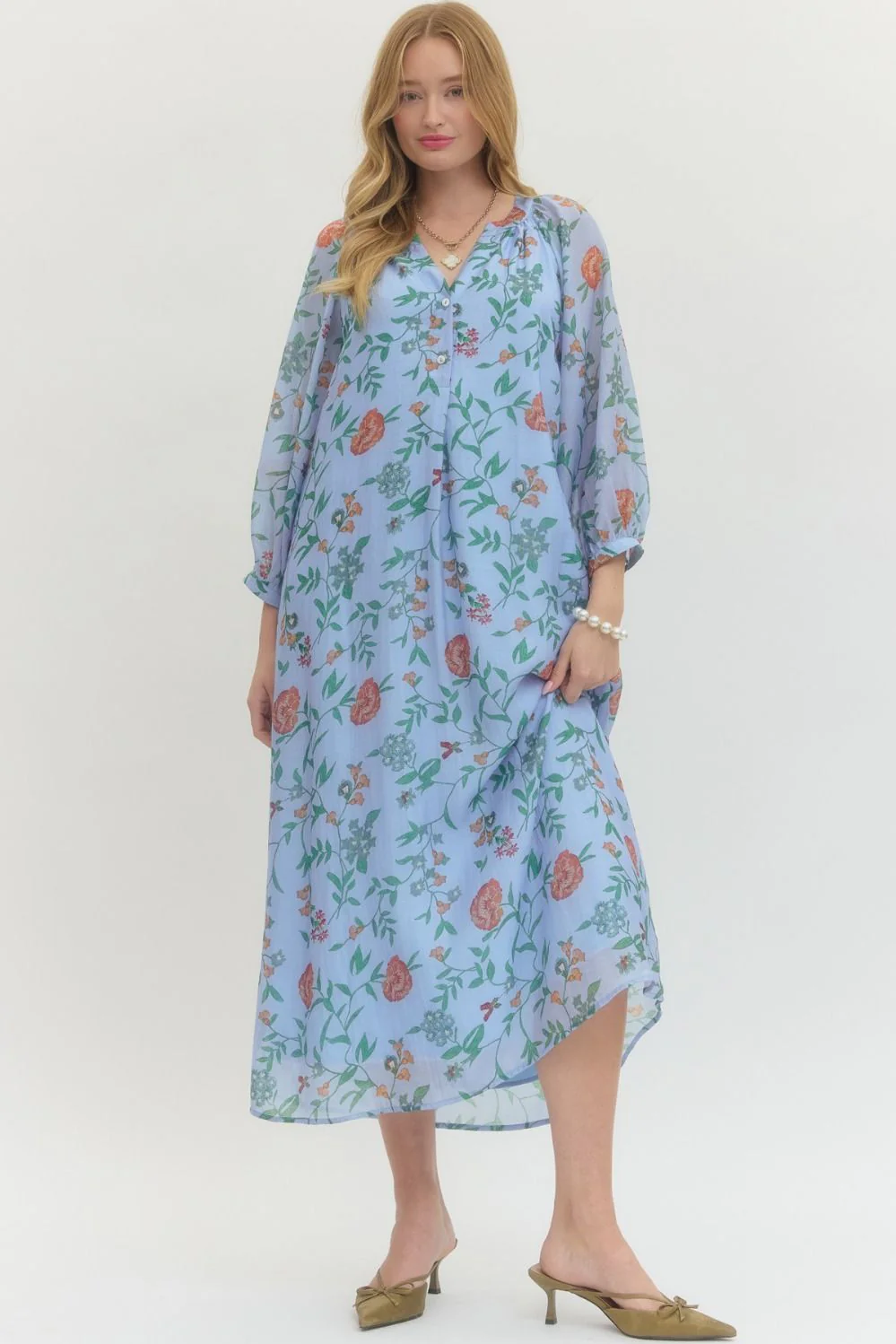 Front-buttoned printed chiffon dress