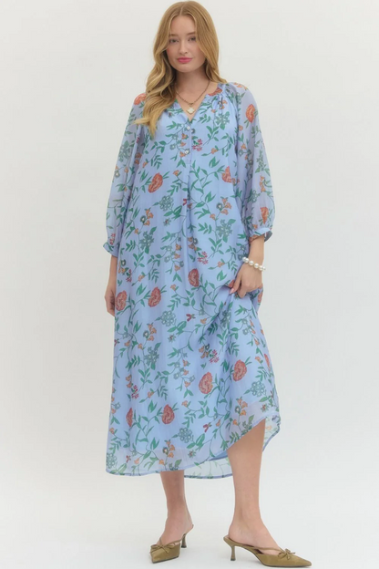 Front-buttoned printed chiffon dress